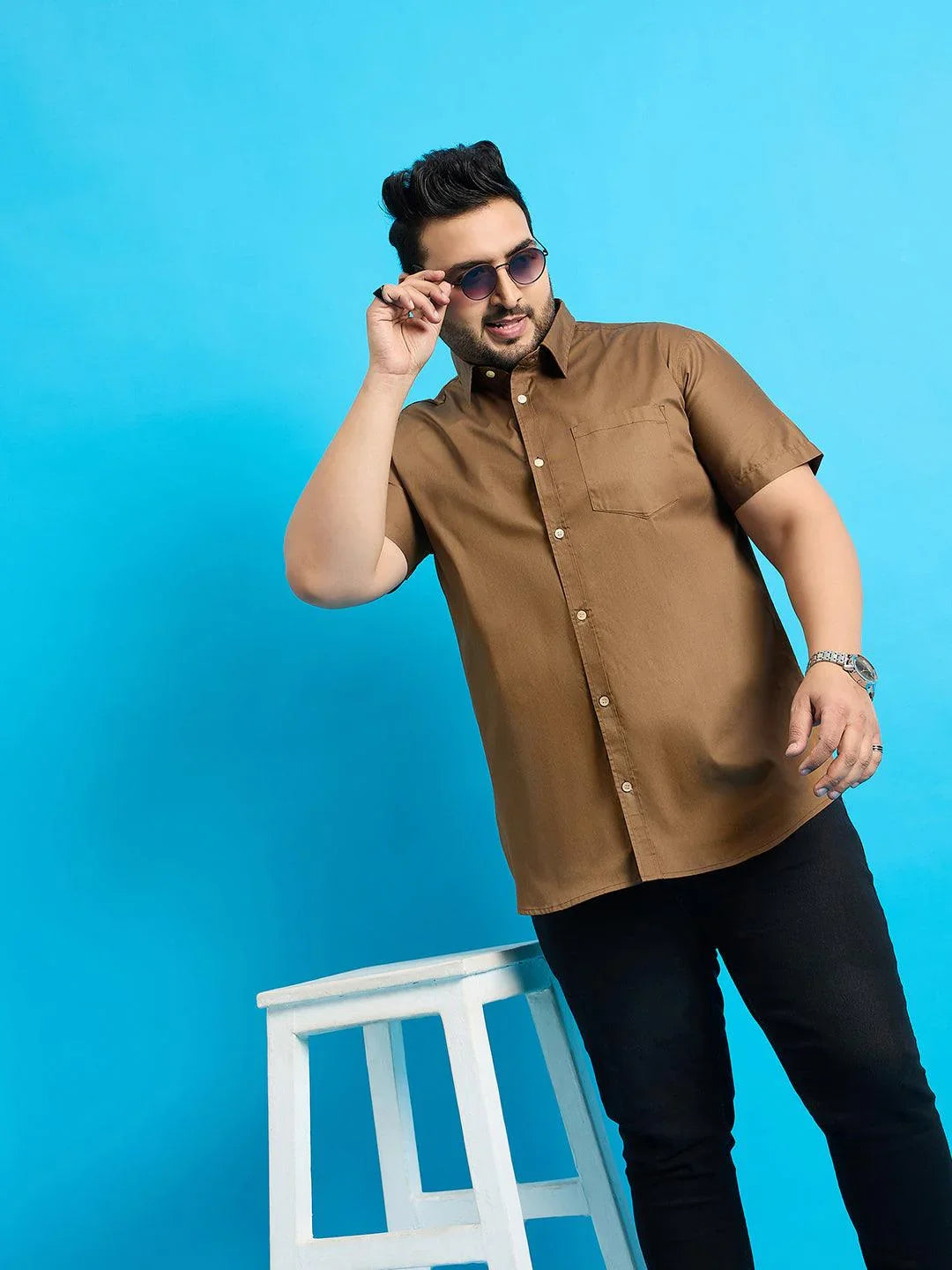 Men Plus Size Zenzo-Khakhi Solid Shirt - bigbanana