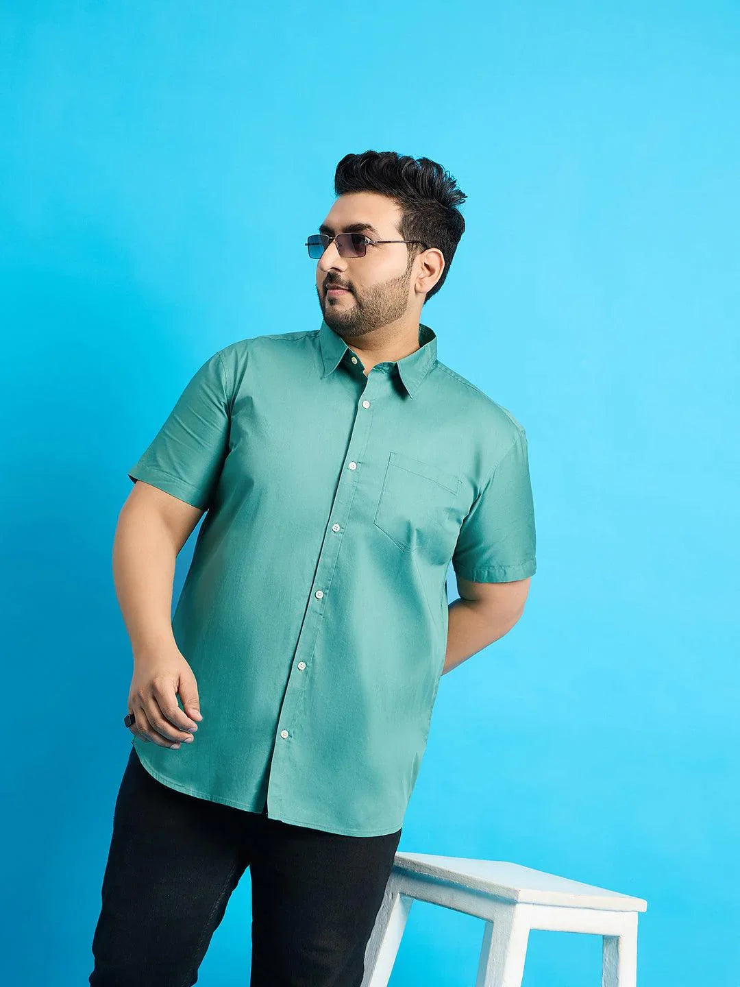 Men Plus Size Zenzo-Sea Green Solid Shirt - bigbanana
