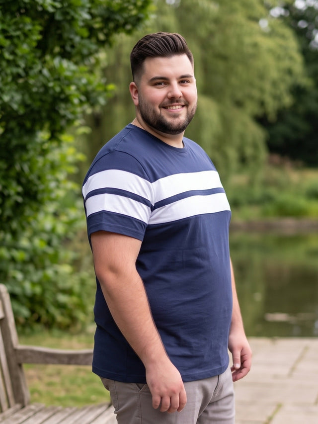 Men Plus Size Bridge Navy Colorblock Round Neck Tshirt