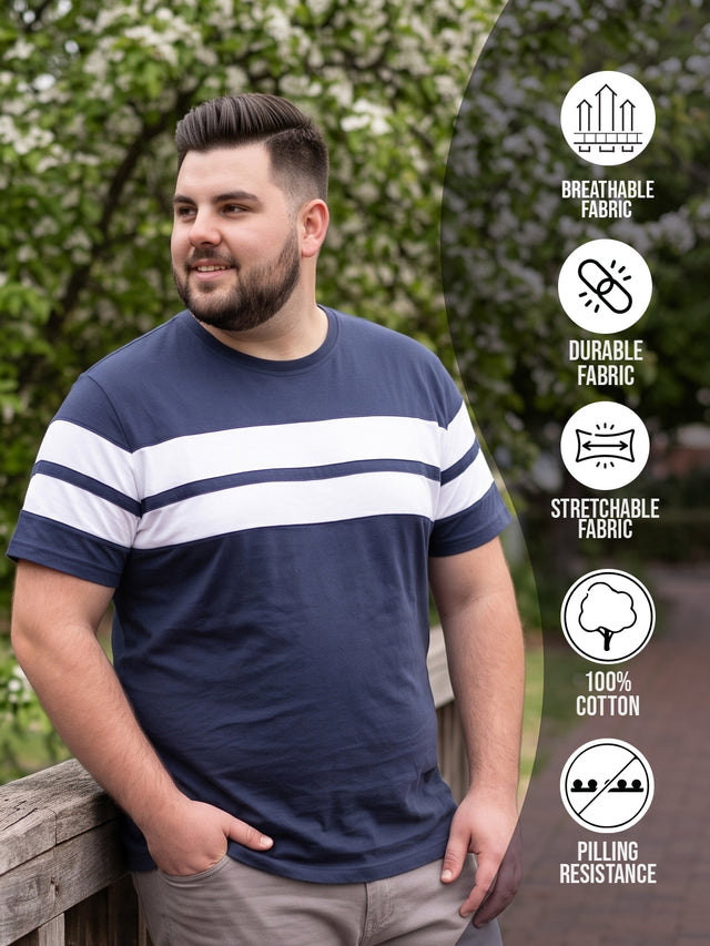 Men Plus Size Bridge Navy Colorblock Round Neck Tshirt