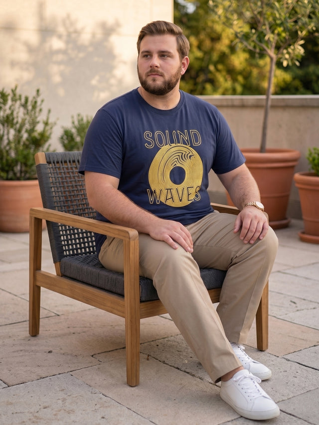 Men Plus Size Frequency Navy Printed Round Neck Tshirt