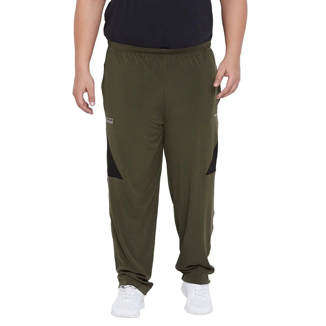 Men's plus size olive green joggers with black side panels, modeled standing