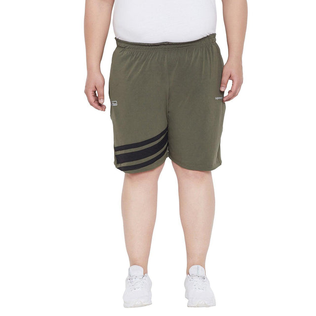 Men's plus size olive green shorts with black stripes, elastic waist, front view