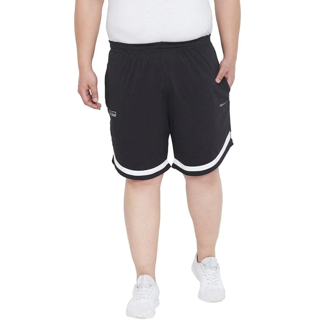 Men's plus size black athletic shorts with white trim, elastic waist, side pocket