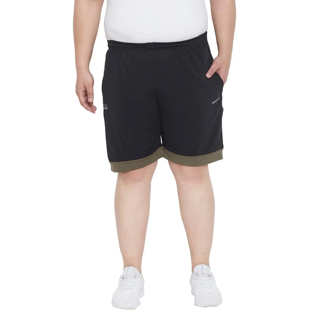 Plus size men's black shorts with olive green trim, elastic waistband, casual fit