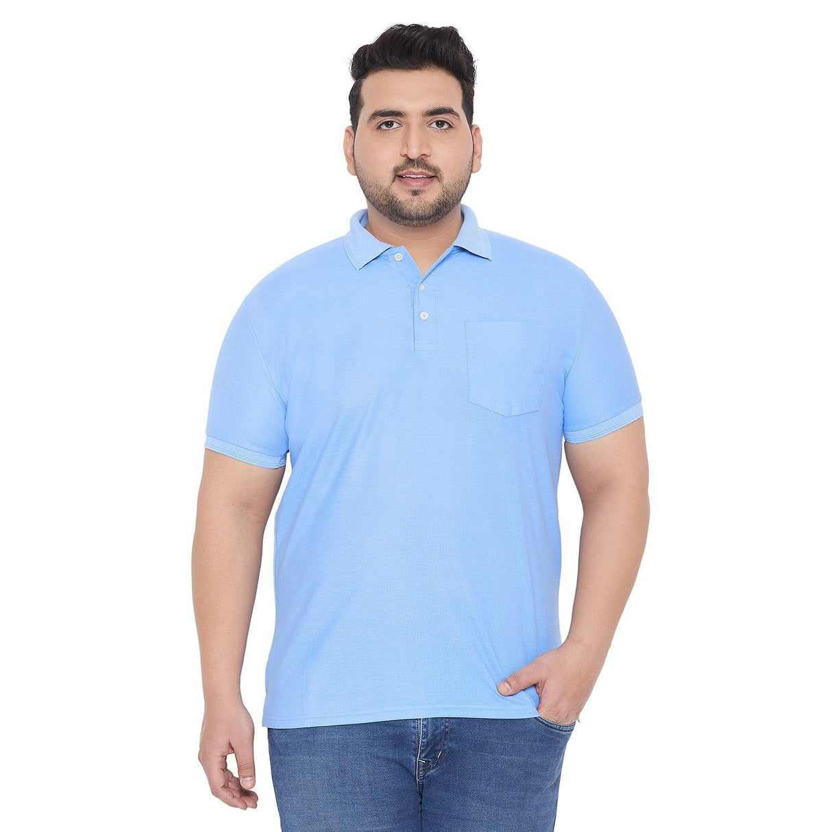 Plus size man in light blue polo t-shirt and jeans, front view, casual men's fashion