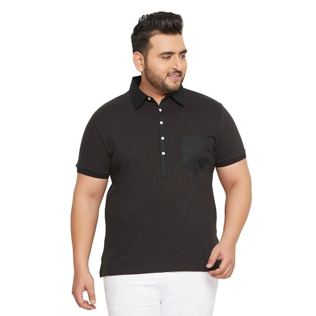 Plus size man wearing black short sleeve polo t-shirt with front pocket and white buttons