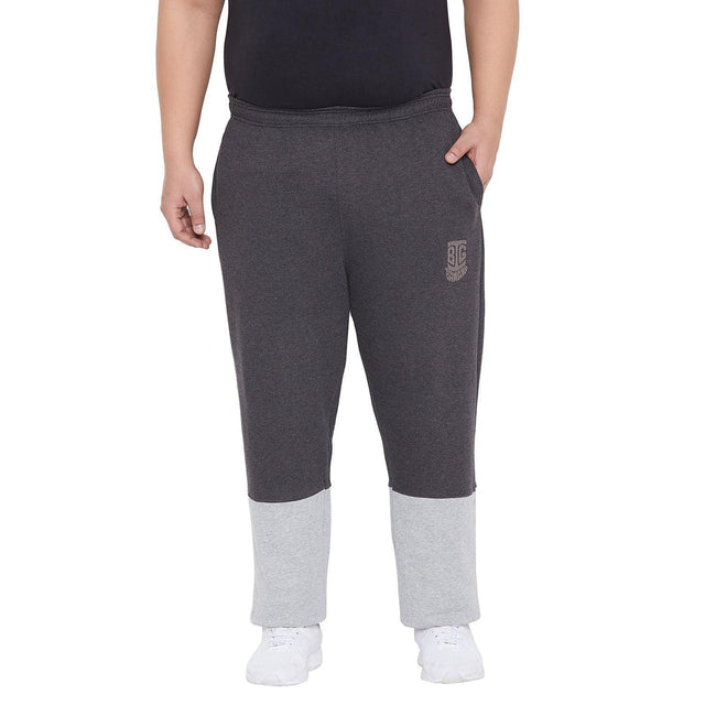 Men's plus size dark grey joggers with light grey cuffs, elastic waist, side pockets