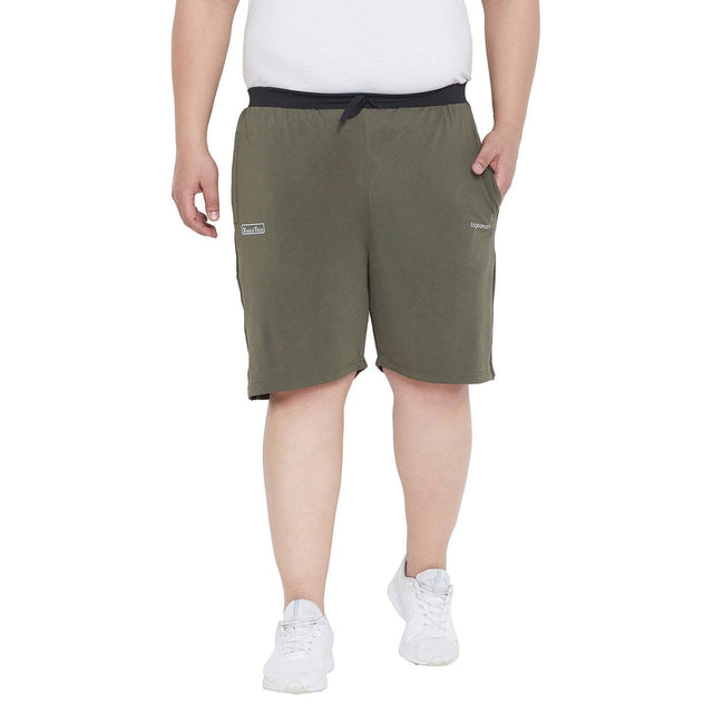 Men's plus size olive green shorts with black waistband, drawstring, and side pockets
