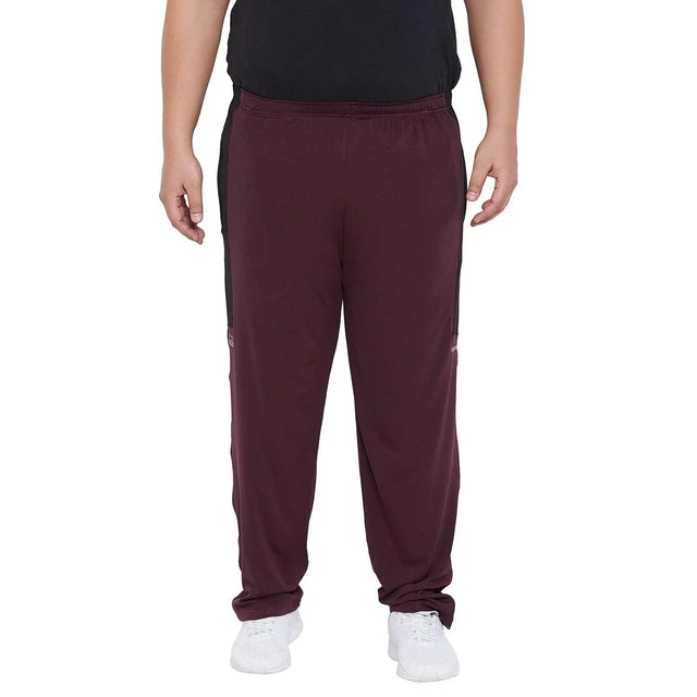 Men's plus size maroon joggers with black side panels, elastic waist, front view
