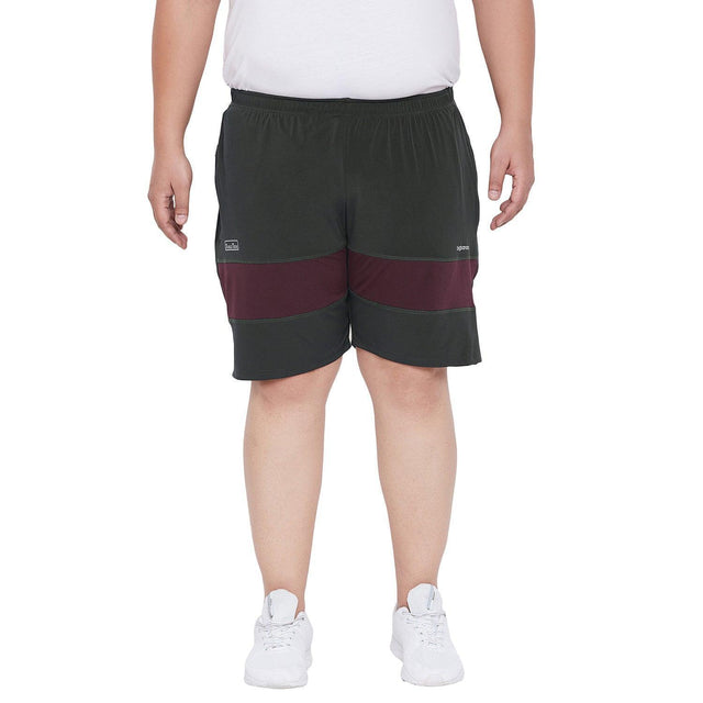Men's plus size dark green and maroon panel shorts with elastic waistband