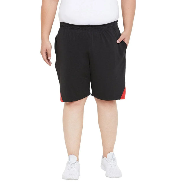 Men's plus size black sports shorts with red accents, elastic waistband, side pockets