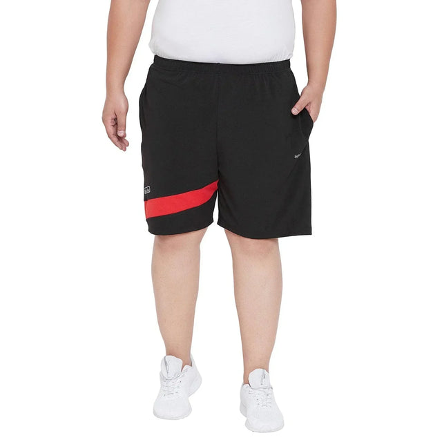 Men's plus size black shorts with red stripe, elastic waistband, casual fit, front pockets