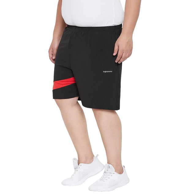 Men's plus size black shorts with red stripe, elastic waist, casual fit, side logo