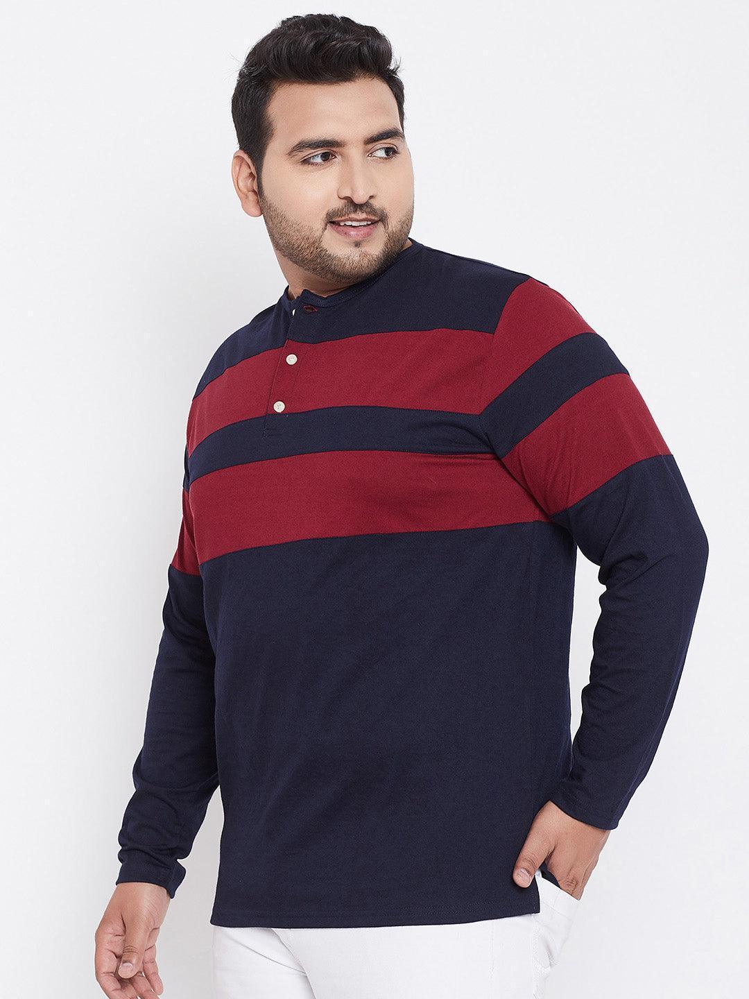 Plus size man wearing navy and maroon striped long sleeve t-shirt with mandarin collar