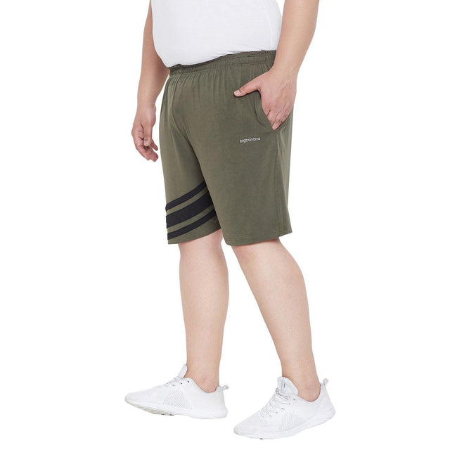 Men's plus size olive green shorts with black stripes and elastic waistband