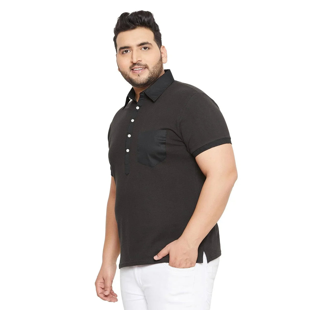 Plus size man wearing black short sleeve polo shirt with front pocket and white pants