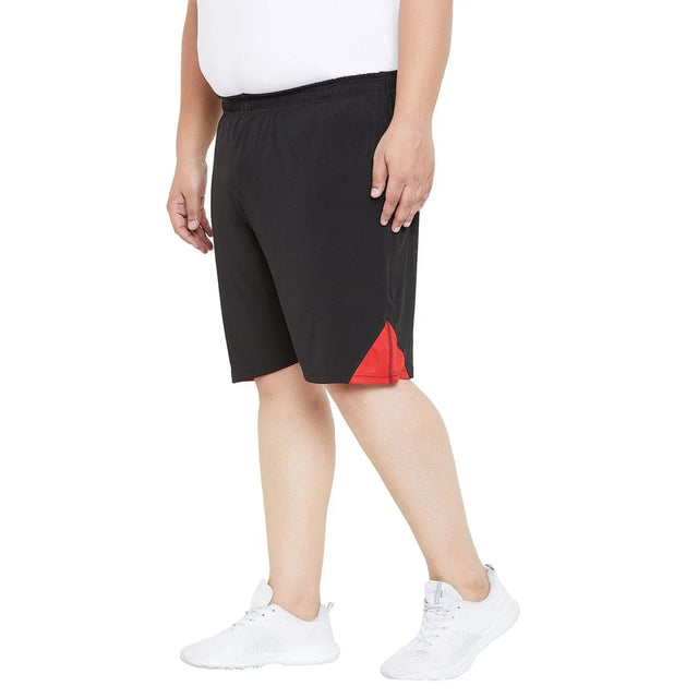 Men's plus size black shorts with red side panel, elastic waistband, sporty casual style