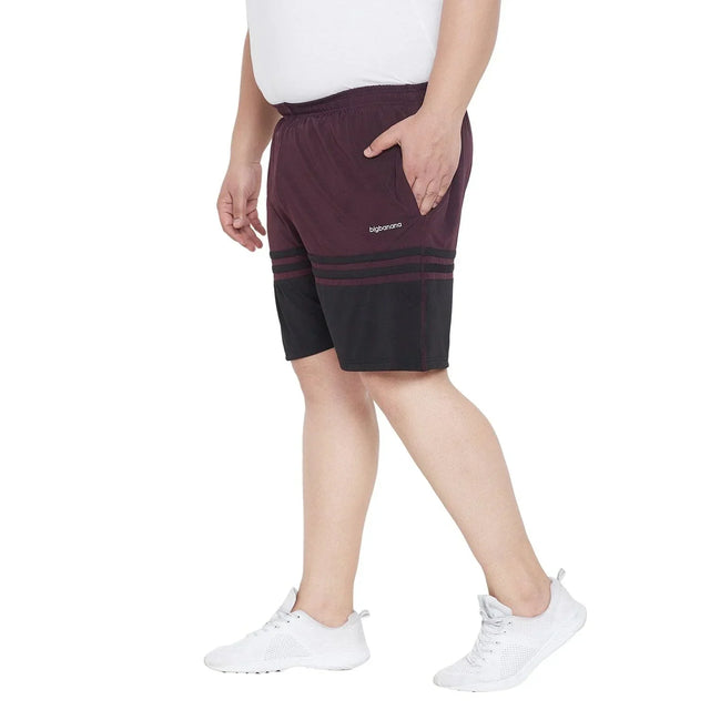 Plus size men's maroon and black shorts with elastic waistband and side pockets