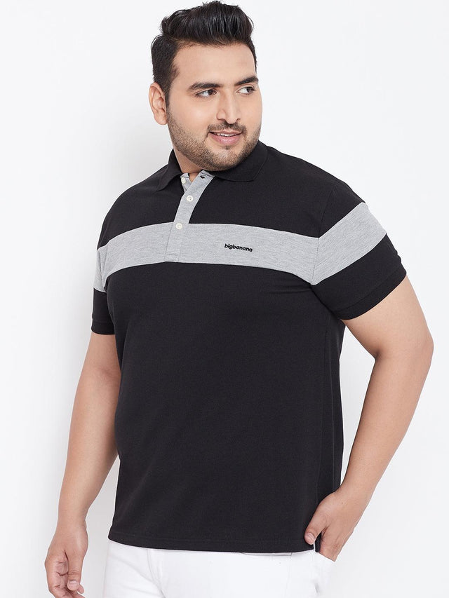 Plus size man in black and grey colorblock polo t-shirt with short sleeves