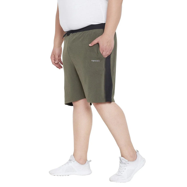 Plus size men's olive green shorts with black side stripe and drawstring waist