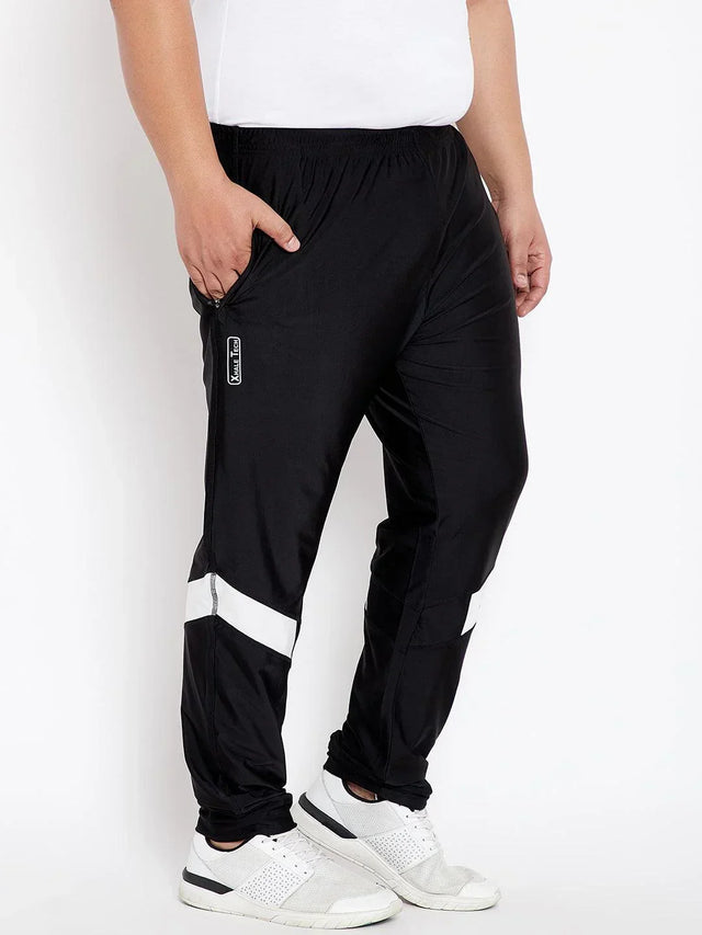 Men's plus size black joggers with white stripes and zipper pocket, side view
