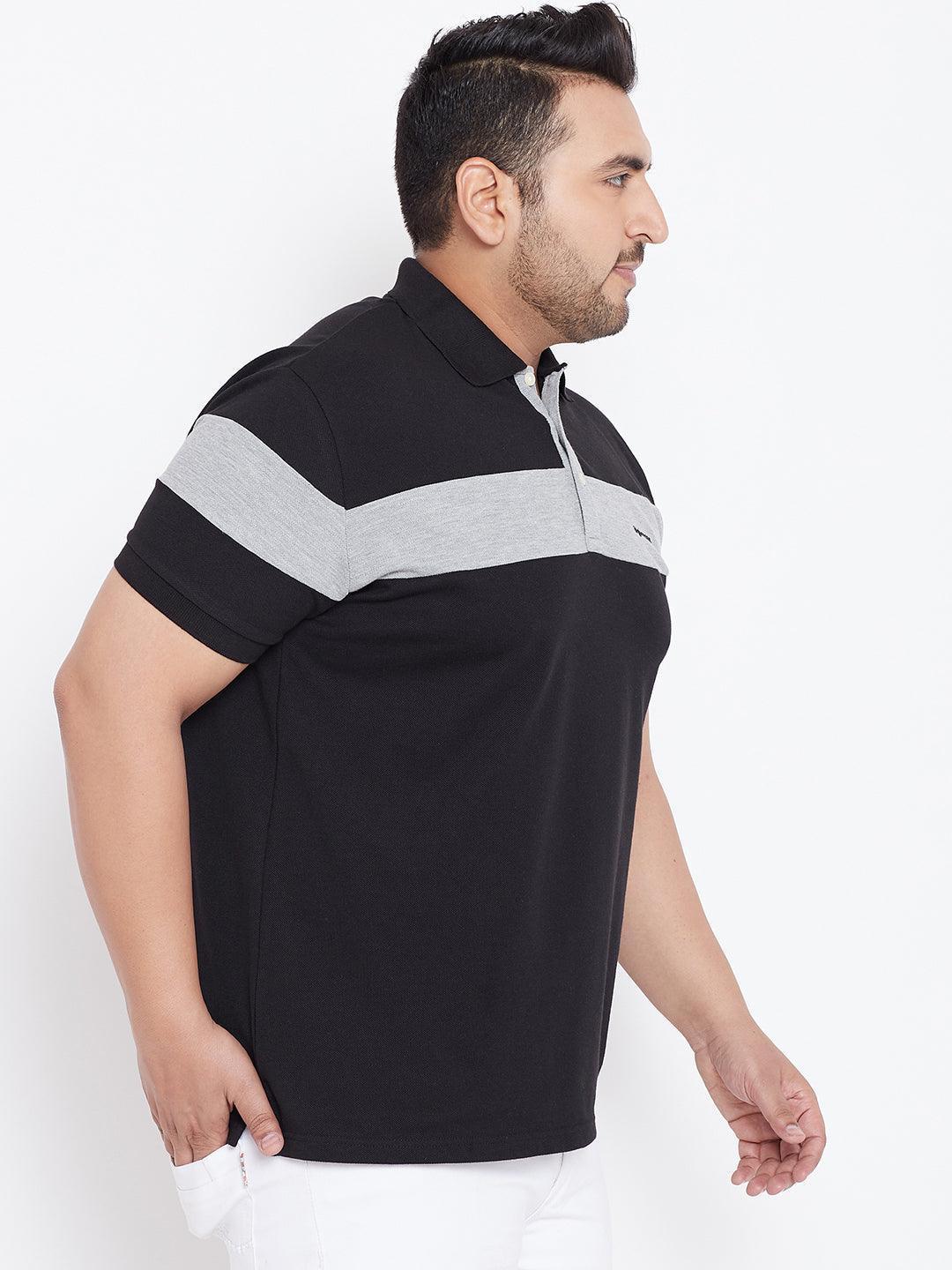 Plus size man wearing black and grey colorblock polo t-shirt with short sleeves
