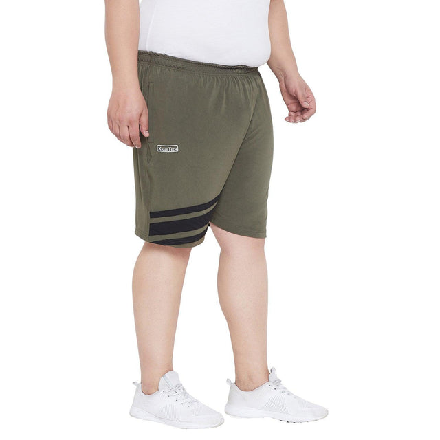 Plus size men's olive green athletic shorts with black stripes and elastic waistband