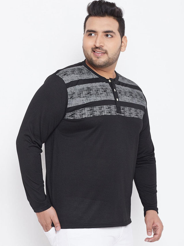 Plus size men’s black long sleeve henley t-shirt with grey striped chest panel