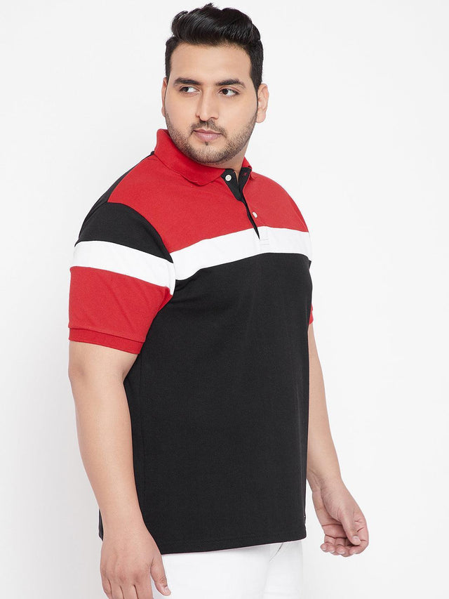 Plus size man in colorblock polo shirt with red, black, and white stripes, side view