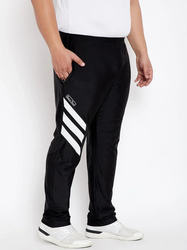 Men's plus size black track pants with white stripes, side pocket, athletic fit