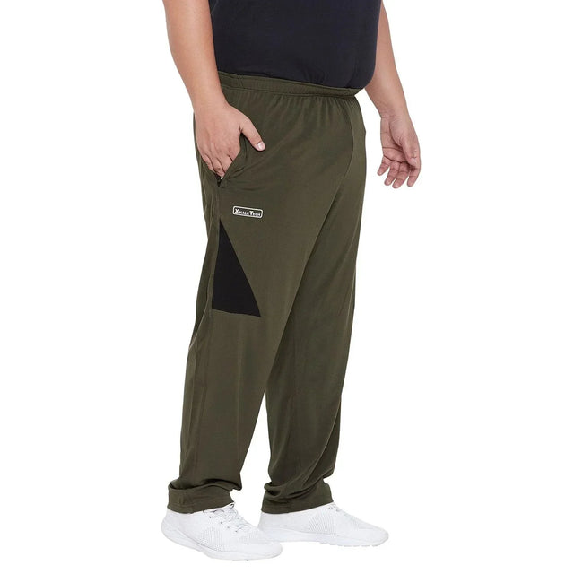Plus size men's olive green joggers with black pocket detail, side logo patch, elastic waist