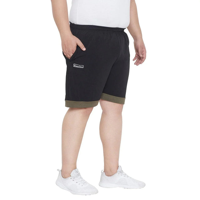 Men's plus size black shorts with olive green hem, elastic waist, side pockets, casual wear
