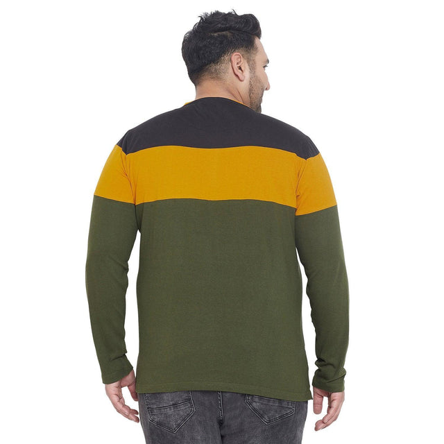 Plus size men's colorblock long sleeve t-shirt with black, mustard, and olive green stripes