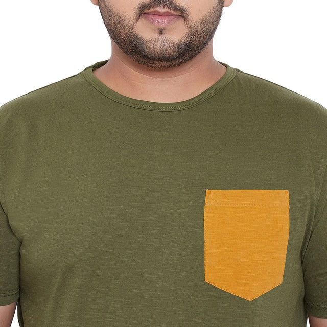 Men's plus size olive green t-shirt with yellow chest pocket, crew neck, short sleeve