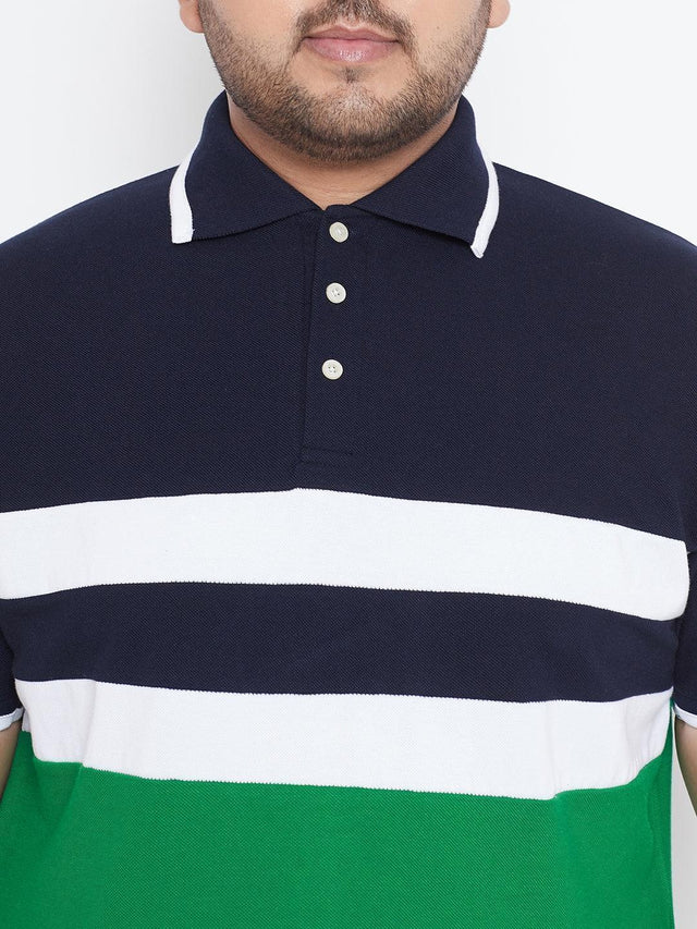 Men's plus size colorblock polo shirt with navy, white, and green horizontal stripes