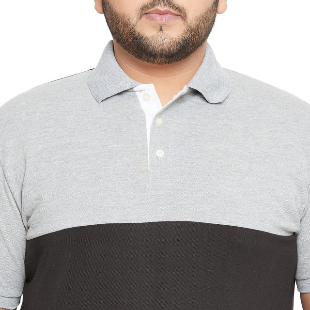 Men's plus size grey and black colorblock polo t-shirt with button placket