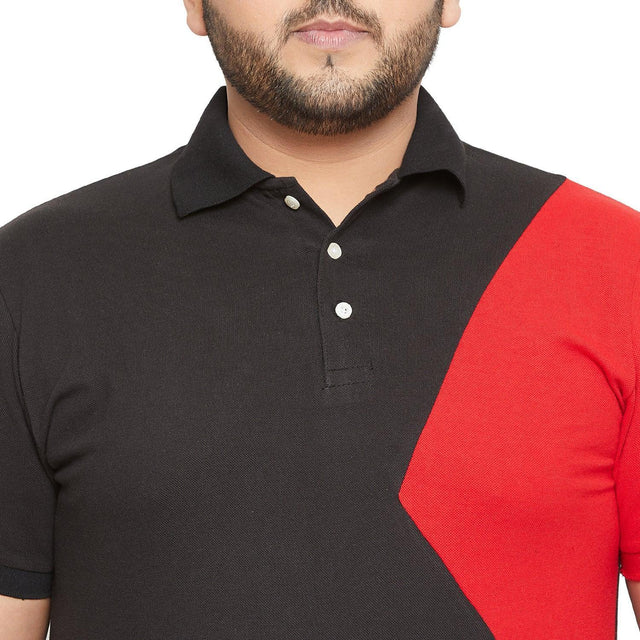 Men's plus size black and red color block polo t-shirt with collar and buttons