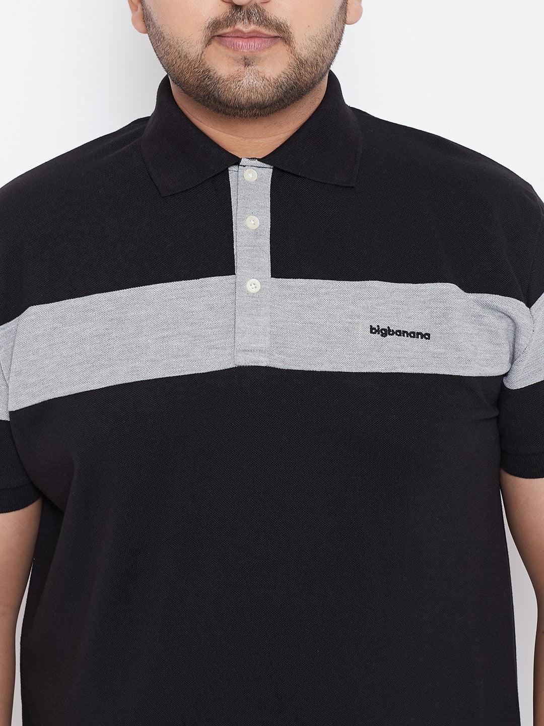 Men's plus size black polo shirt with grey horizontal stripe and button placket