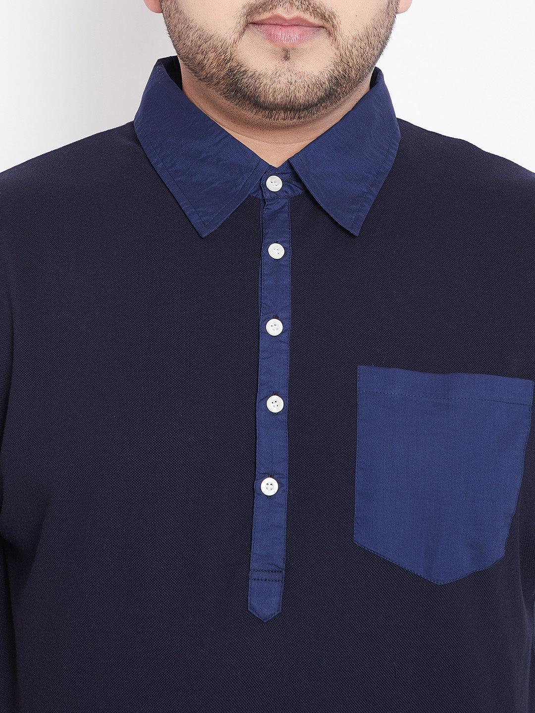 Men's plus size navy blue polo shirt with button placket and chest pocket