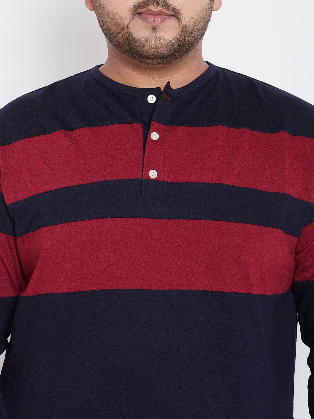 Men's plus size navy and maroon striped henley shirt with buttons, long sleeves