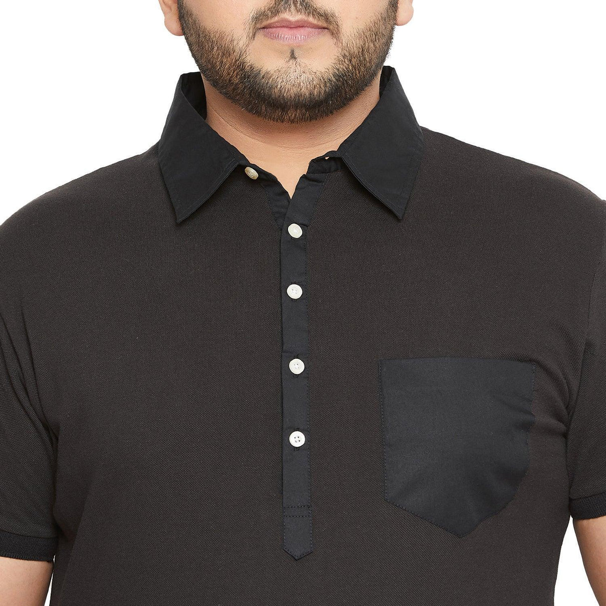 Men's plus size black polo shirt with buttons and chest pocket, short sleeves