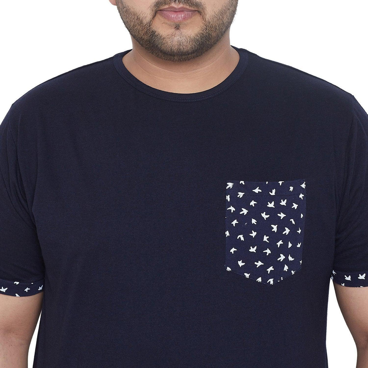Men's plus size navy blue t-shirt with bird print pocket and sleeve trim
