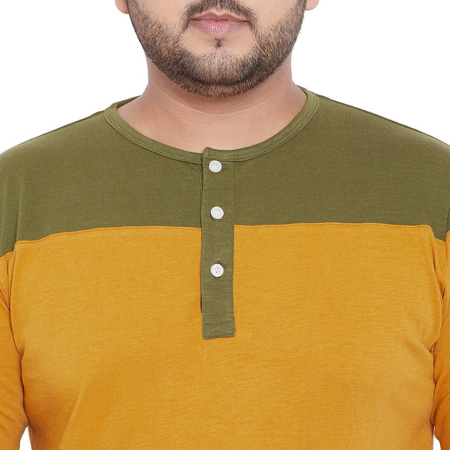 Men's plus size colorblock henley t-shirt in olive green and mustard with button placket