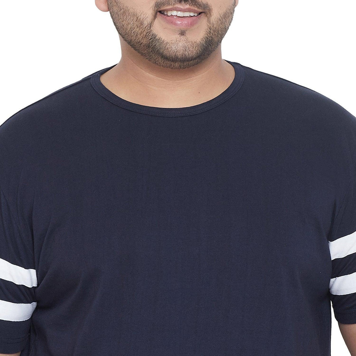 Men's plus size navy blue t-shirt with white sleeve stripes, crew neck