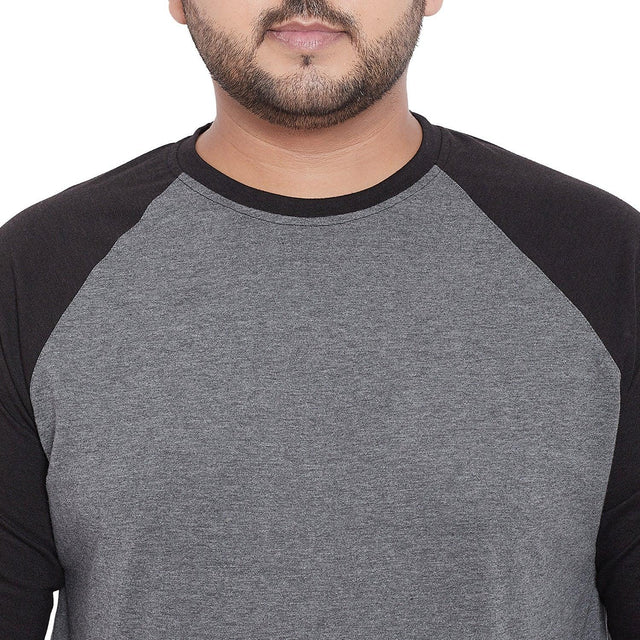 Men's plus size grey and black raglan long sleeve t-shirt, close-up front view
