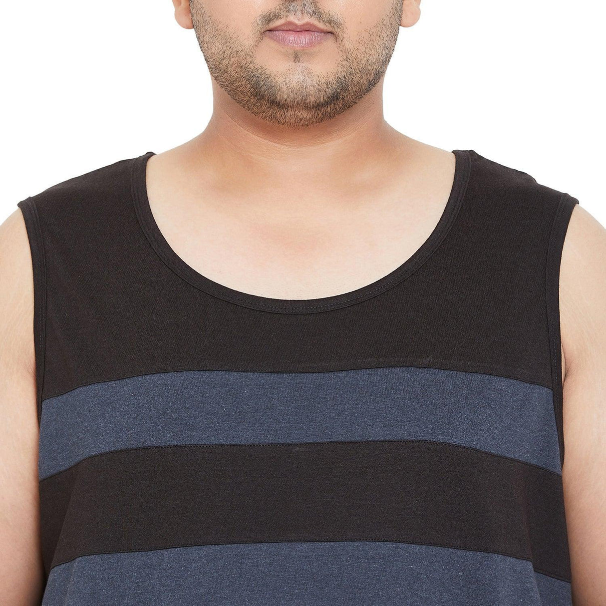 Men's plus size sleeveless striped tank top in black and navy blue