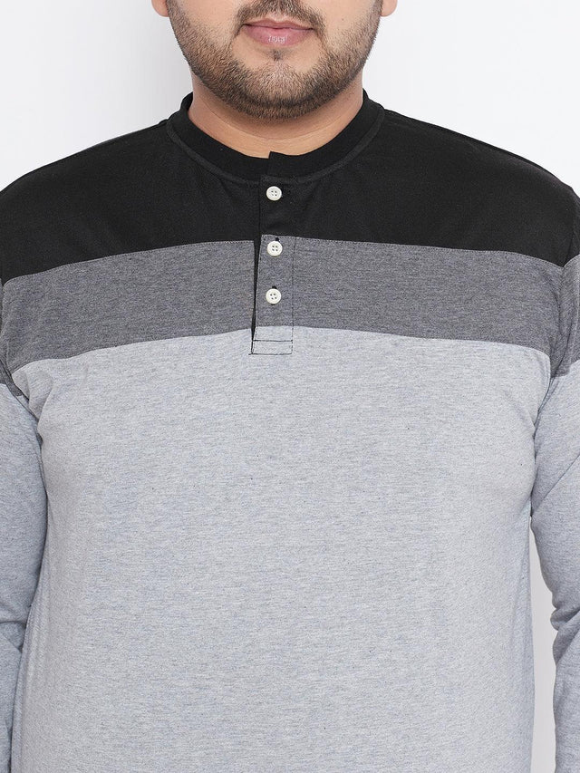 Men's plus size long sleeve colorblock henley t-shirt in black, grey, and light grey
