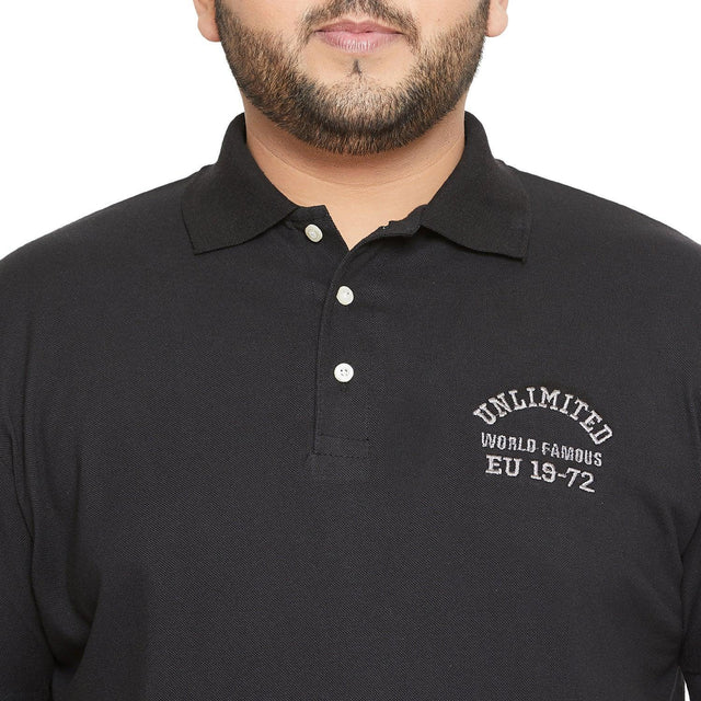 Men's plus size black polo t-shirt with embroidered chest detail, three-button collar