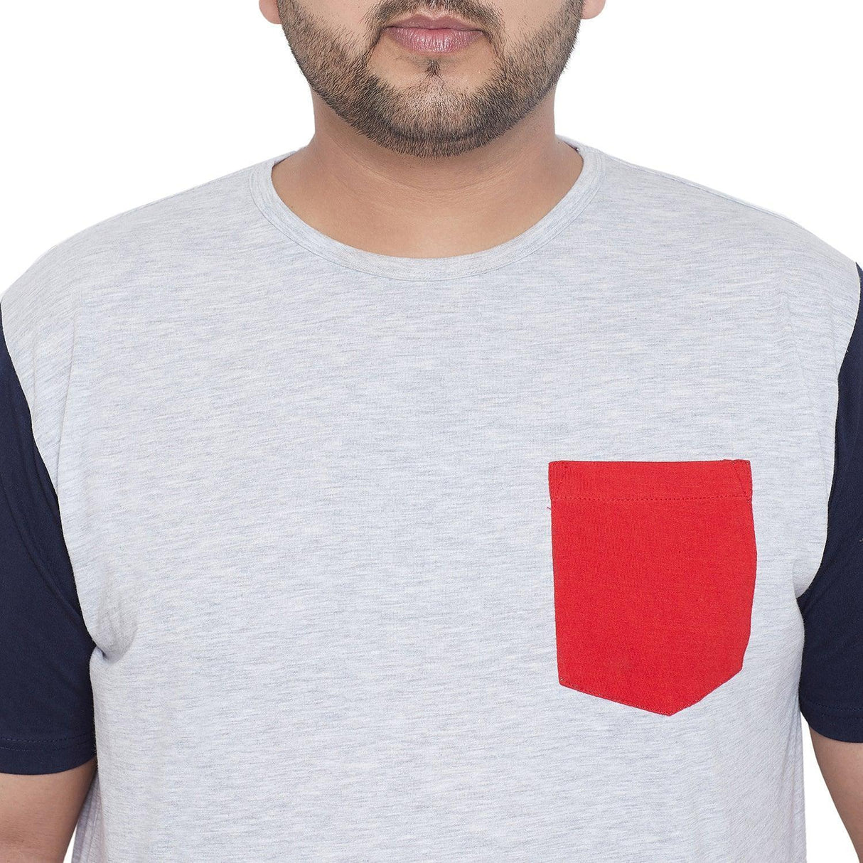 Men's plus size light grey t-shirt with red chest pocket and navy sleeves